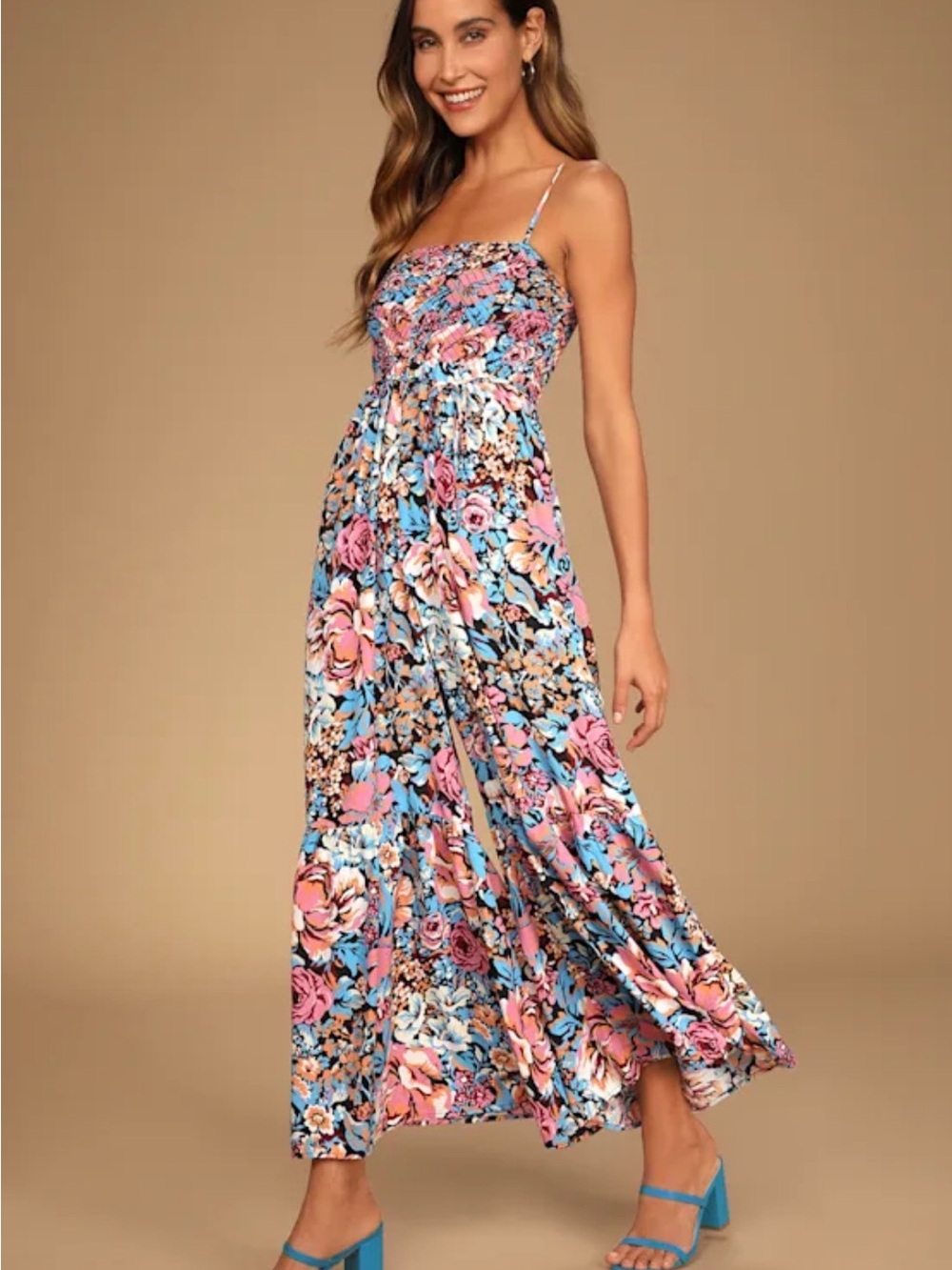 Lulu's Pink & Blue Floral Spaghetti-Strap Jumpsuit